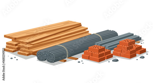 Construction Materials: Wood Steel Bricks and Concrete.