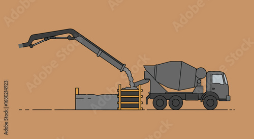 Concrete Mixer Truck Pouring Cement into Formwork.