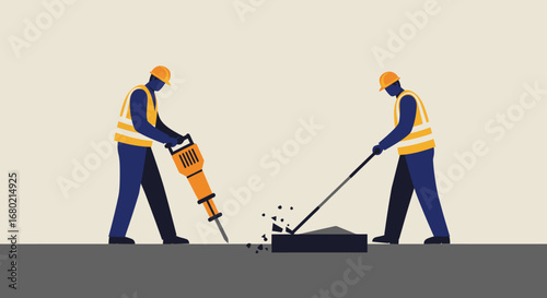 Construction Workers Using Tools for Road Repair.