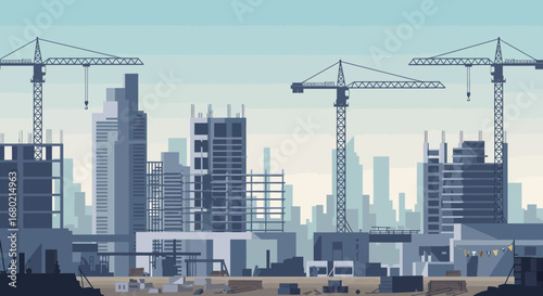 Construction Site with Cranes and Buildings in Progress.