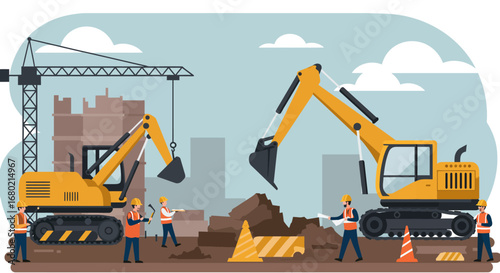 Construction Site with Yellow Excavators and Workers.