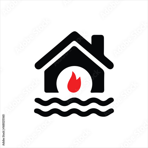 Black house icon with red flame inside and wavy blue lines representing flood damage home fire