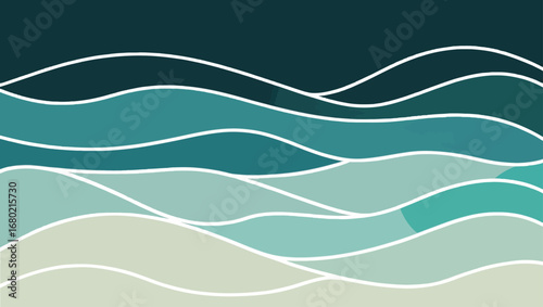 Abstract ocean waves and sandy beach landscape illustration with flowing lines and color gradients