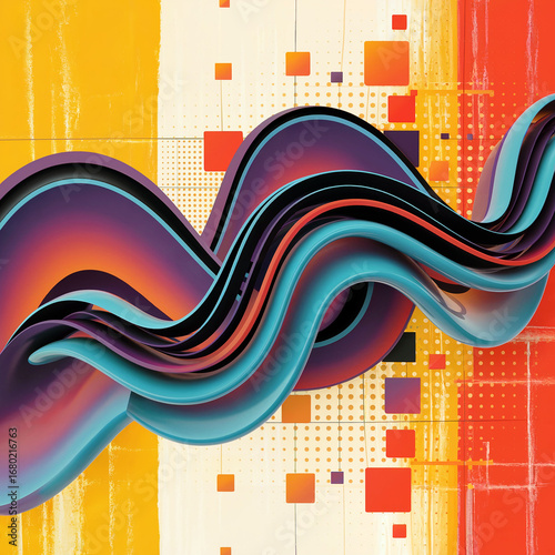 Abstract Colorful Waves on Tech Grid