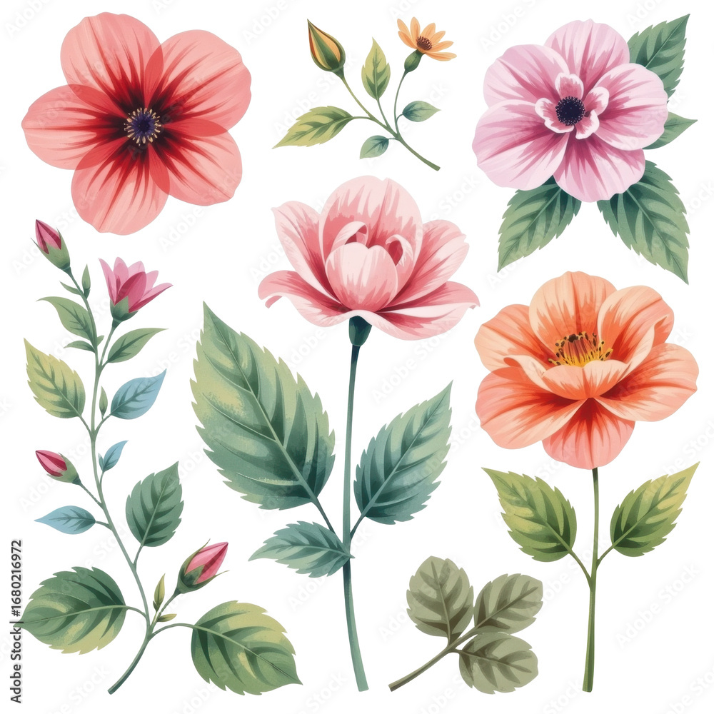 custom made wallpaper toronto digitalElegant watercolor illustration of a variety of detailed pink orange and red blooming flowers with green leaves isolated on white background for creative floral design