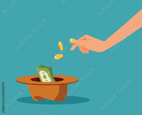 Charitable Person Putting Coins in a Beggar Hat Vector Illustration. Compassionate donor offering some spare change to easy the pain of poverty 
