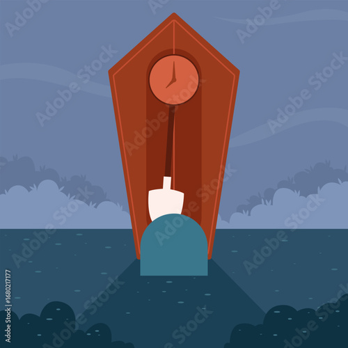 Surreal vector composition of a coffin-shaped clock and shovel aligned with a headstone, symbolizing time, burial, and mortality.