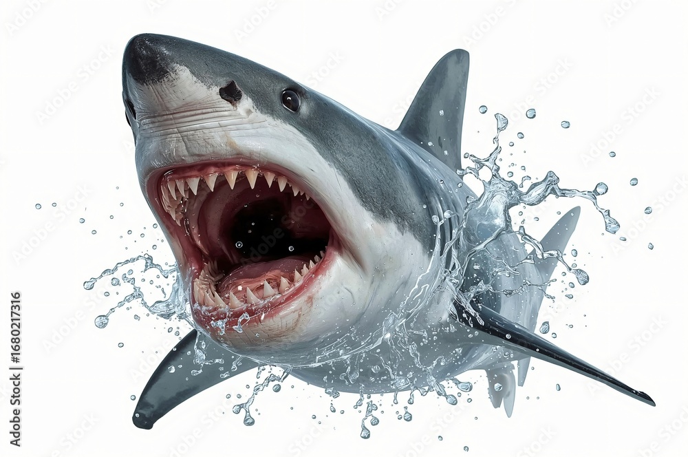 Obraz premium Great white shark erupting from water