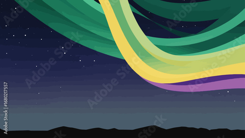 Vibrant aurora borealis swirls dance across a starry night sky vector illustration