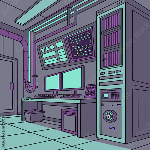 Illustration of a server room with monitors, a server rack, and various control panels and equipment