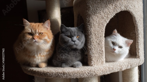 Three fluffy cats of different breeds sitting together on a cat tree