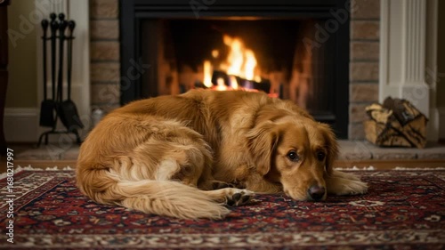 Wallpaper Mural Golden retriever resting by a cozy fireplace indoors Torontodigital.ca