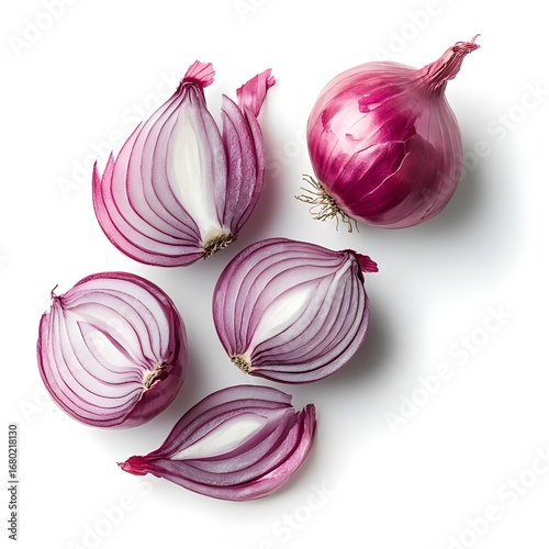 Red Onion Halves and Whole Bulb, Isolated on White