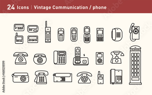 This vector illustration showcases retro phone designs from the 1980s to 2000s, plus UK booths and pagers. Ideal for nostalgia and design, resizable.