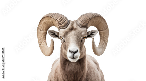 Majestic Bighorn Sheep with imposing curved horns looks directly forward with intense gaze