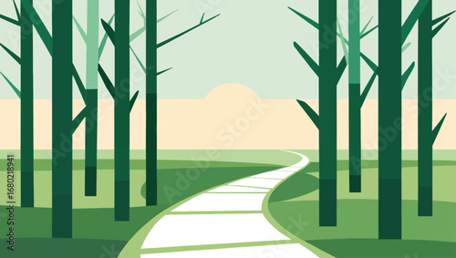 Serene forest pathway illuminated by soft sunlight leading towards a distant building