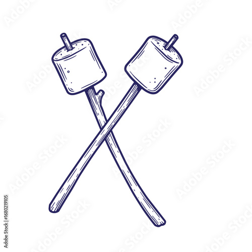 Hand drawn illustration of two marshmallows on sticks crossed over each other on white