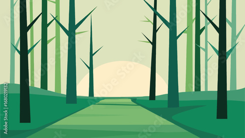 Serene forest path leading to bright light amidst stylized trees vector illustration scalable for design