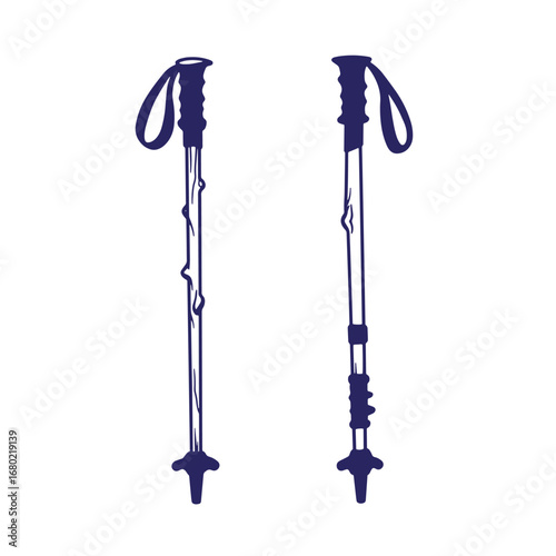Hand drawn illustration of two trekking poles essential hiking equipment for adventures
