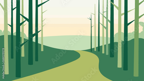Stylized forest path illustration scenic nature landscape vibrant green trees vector art