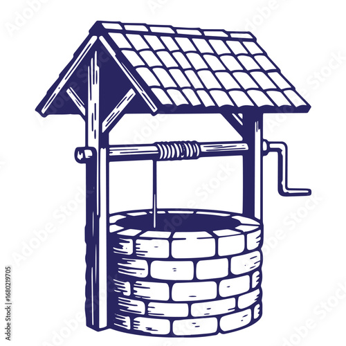Hand drawn ink illustration of a traditional well with a wooden structure and roof