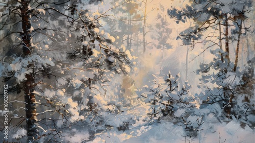 Wallpaper Mural A painting of a snowy forest with trees covered in snow and light shining through the branches softly Torontodigital.ca