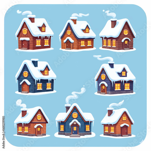 Cartoon vector pack of cozy winter cabins with snowy roofs and glowing windows. Cute and playful style for children’s books, stickers, posters, and festive themes.