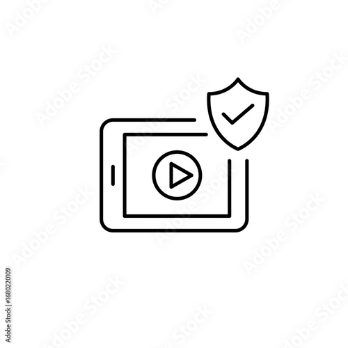 Tablet with playback button, shield and checkmark. Cybersecurity assurance, safe data handling, authenticated login, compliant digital use. Pixel perfect, editable stroke vector icon