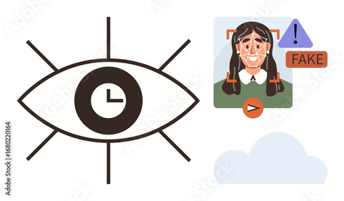 Eye with clock inside and womans face tagged fake convey time-sensitive detection. Ideal for AI, security, technology, cybercrime, media integrity, deepfake identification, ethical tech. Simple flat
