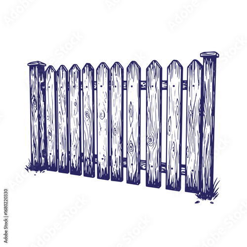 Hand drawn vector illustration of a wooden picket fence with grass elements