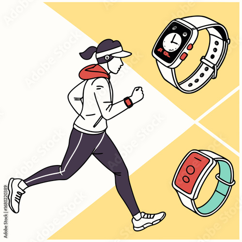 Illustration of a woman running with smartwatches displayed against a yellow and white background design