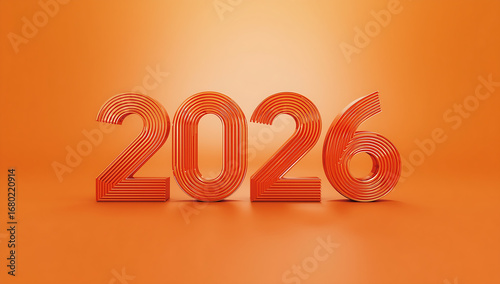 A 3D rendering of the numeral 2026 in a modern grooved font with sharp lines and sleek edges, prominently displayed on a vibrant orange background  ai generative