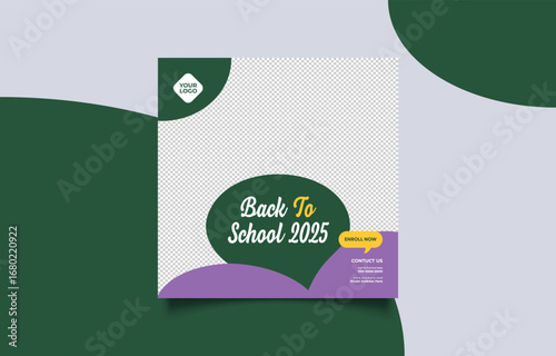 Back to School 2025 Social Media Post Template Ready for Customization and Promotional Use with Green and Purple Accents