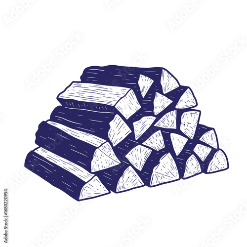 Hand drawn woodpile illustration in navy blue perfect for cozy winter or autumn themes
