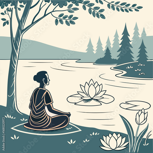 A person meditating by a lake with water lilies and trees in the background under a tree with leaves