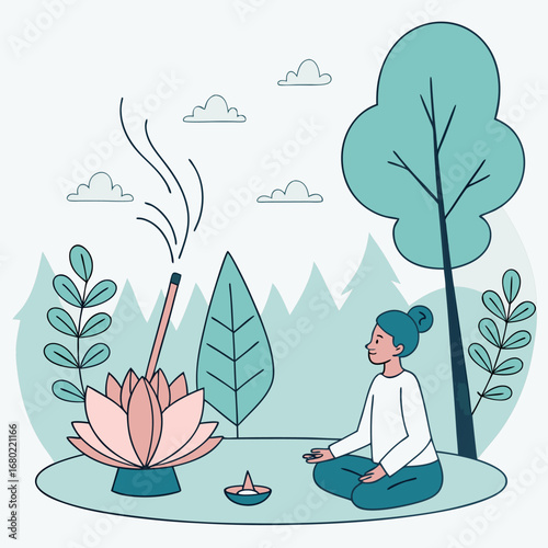 Illustration of a woman meditating in a serene outdoor setting with lotus flower and incense stick scene