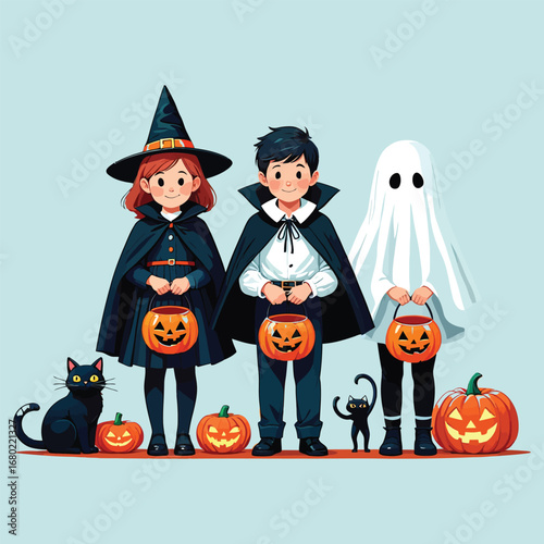 Children in Halloween costumes with pumpkins and cats
