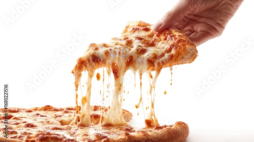 A delicious pizza slice being lifted, showcasing the stringy, melted cheese
