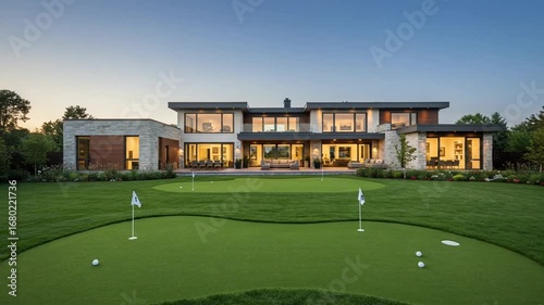 Modern home with golf putting green at sunset