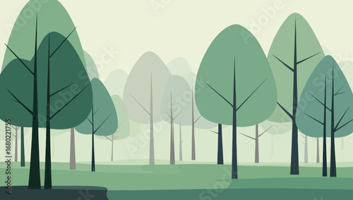 Stylized modern forest scene with abstract trees and gentle green hues vector illustration