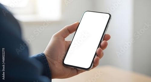 Hand holding smartphone with blank white screen, isolated mockup template for app, website, or UI design presentation