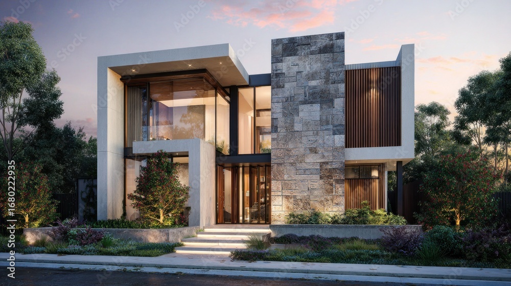 Fototapeta premium A stunning modern house with an elegant design, perfect for a luxurious lifestyle, architectural and landscape combination at dusk. The design has glass windows, stone textures.