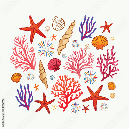 Marine life collection with starfish and coral seashells