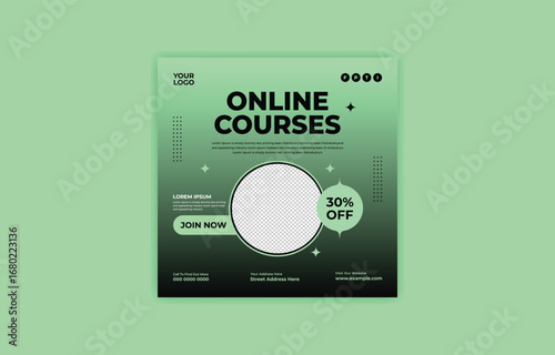 Online Courses Social Media Post Template Promotion for Education with Discount Offer and Modern Design Suitable for Digital Marketing Campaigns and Advertising