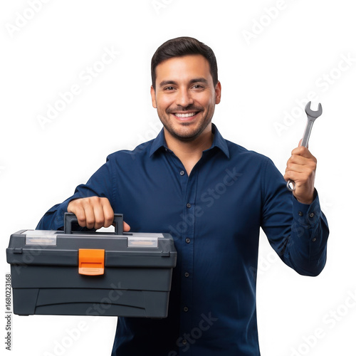 Smiling man holding a toolbox and a wrench, isolated on transparent background
