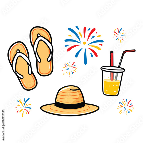 Summer Vacation Objects And Fireworks flip flops straw hat