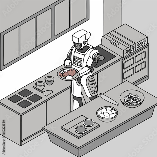 Robot chef holding a plate of food in a kitchen with bowls and cooking appliances in isometric view