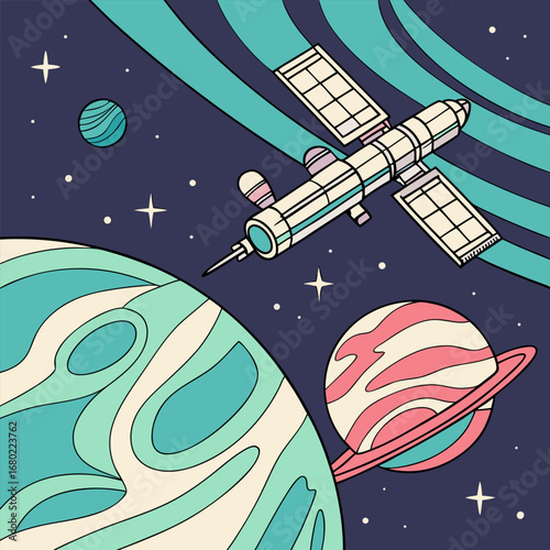 Illustration of a satellite orbiting planets and stars in a vibrant cosmic space scene with teal accents