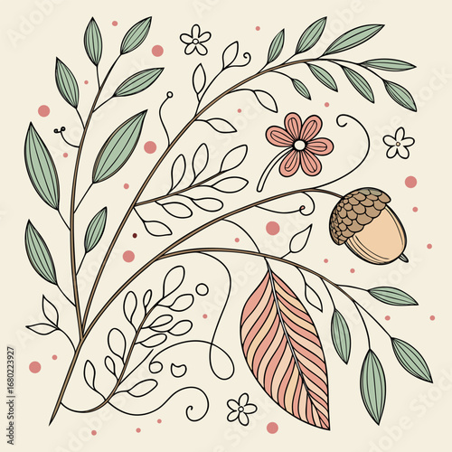 Illustration of a botanical arrangement featuring leaves flowers and an acorn on a light beige background