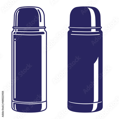 Minimalist illustration of two thermos flasks side by side in deep blue color